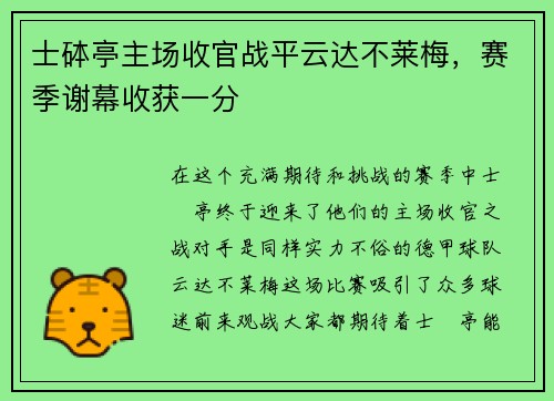 士砵亭主场收官战平云达不莱梅，赛季谢幕收获一分
